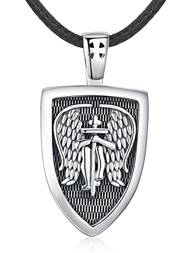 Collar Ángel de la Guardián para Hombre, Plata de ley 925 Medalla de Arcángel San Miguel Amuleto Colgante Ángel Cruz Collar Joyas Regalos con cuerda de cuero Cadena de 22"