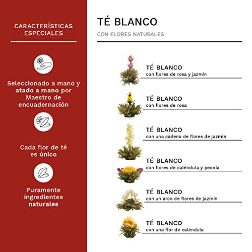 Creano Juego de Regalo de Flores de Té en una Caja de Madera, "Té blanco" | 12 Flores de Té con 6 Tipos diferentes | neto ca. 78g