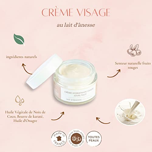 Crema facial con leche de burra 100 % natural, 0 CMR, 0 OGM, no comedogénico, no testado en animales, 0 PARABEN, 0 COLORANT, 0 ALLERGENE en bote de 50 ml