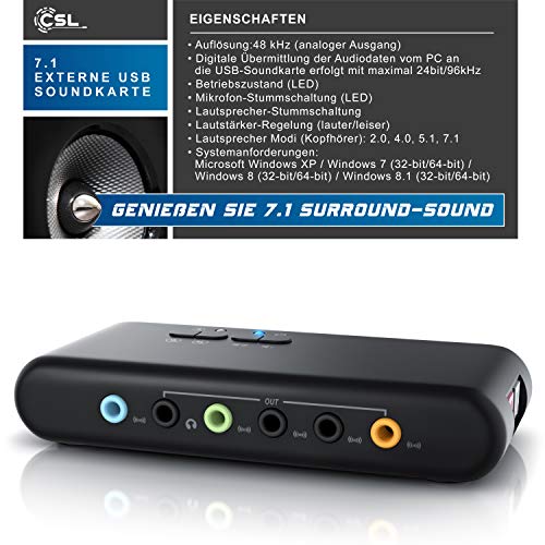 CSL - Tarjeta de Sonido USB 7.1 Externa 8 Canales - Canal 7.1 USB Soundbox - Dynamic 3D Surround Sound - para hasta 8 Altavoces - grabación reproducción simultánea - para Audio analógicos y Digitales