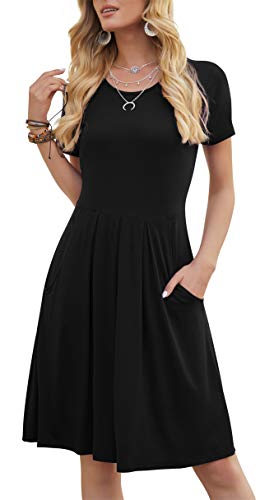 DouBCQ Vestidos sueltos plisados de manga corta para mujer con bolsillos - negro - Medium