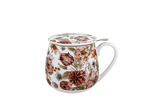 DUO Juego de taza de té con colador de té de acero inoxidable y tapa de porcelana, floral, diseño abombado, 400 ml, 3 piezas, en caja de regalo (Pastel Flowers)