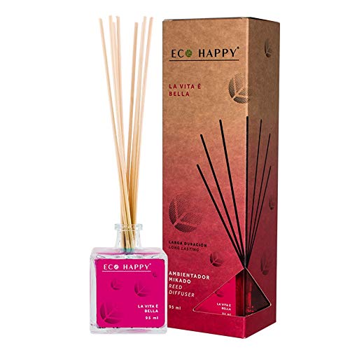 ECO HAPPY Ambientador Mikado Vita è Bella. con aceites Esenciales de almizcle, la Canela y el jazmín Hogar, Oficina o Negocio.