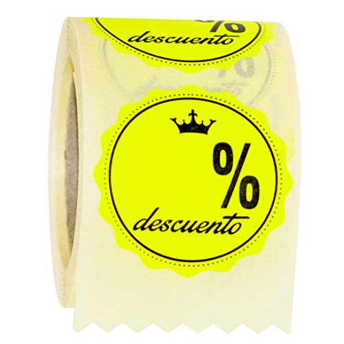 ETINOVA RPO003 - Etiquetas adhesivas, pegatinas, stickers, Rebajas, ofertas, descuentos, Black Friday -"% Descuento - Amarillo Fluorescente" - Rollo de 250 piezas - 42 mm