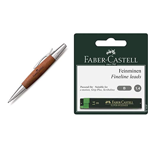 Faber Castell 138382 - Portaminas E-motion, con cuerpo en madera de peral, mina de 1.4 mm, graduación B, color marrón coñac + Minas para portaminas 1,4 mm (2 unidades)