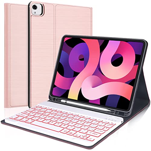 FOGARI Funda con Teclado para iPad Air 4 2020,Funda con Teclado Bluetooth Desmontable para iPad Pro 11 2021/2020/2018,Teclado Español para iPad Air 10.9'' 2020,con 7 Colores Retroiluminados,Rose Gold