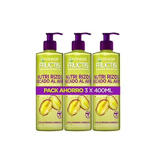 Garnier Fructis, Crema Sin Aclarado Nutri Rizos Secado al Aire, para Pelo Rizado u Ondulado, Con Pectina de Fruta y Aceite de Pistacho, Nutre y Define tu Rizos Sin Secador, Pack 3x400ml