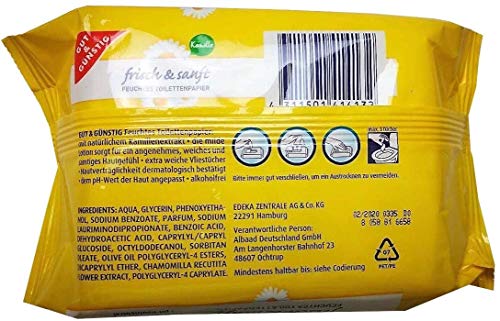 Gut & Günstig Paquete de 8 unidades (560 toallitas) de papel higiénico húmedo, un paquete de 4 unidades con camomila y un paquete de 4 unidades para pieles sensibles