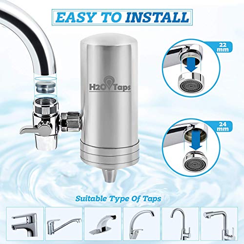 H2O Taps Filtro de Agua para Grifo | Acero Inoxidable | Filtra Cloro, Plomo y Elimina Mal Olor y Sabor del Agua | Sistema de Filtración de Agua con Diseño Elegante | La Elección Duradera