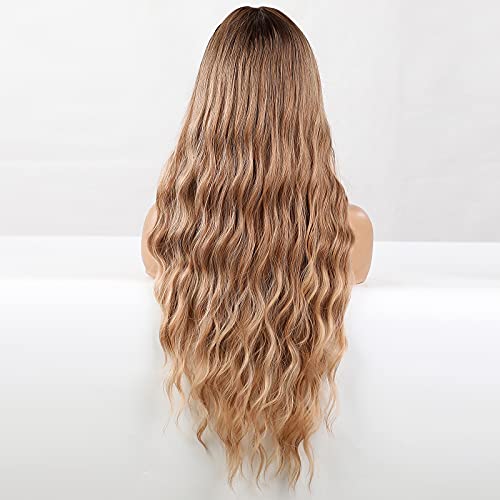 HAIRCUBE Peluca de pelo largo y rizado ombre rubio de dos tonos raíz oscura con flequillo peluca sintética natural para las mujeres