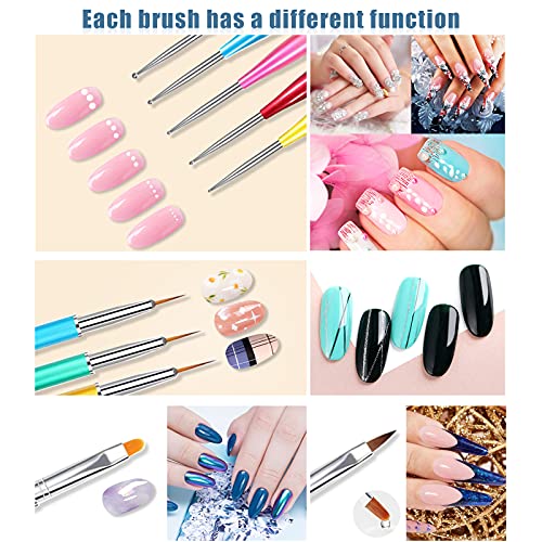 Hanyousheng Pinceles para Uñas, 5 Piezas Cepillo Uñas, Nail Art Arte Diseño Dotting Pen, Pinceles para Uñas Acrilicas, Uv Gel Acrílico Punteado Pincel, Doble Punta Pinceles para Uñas