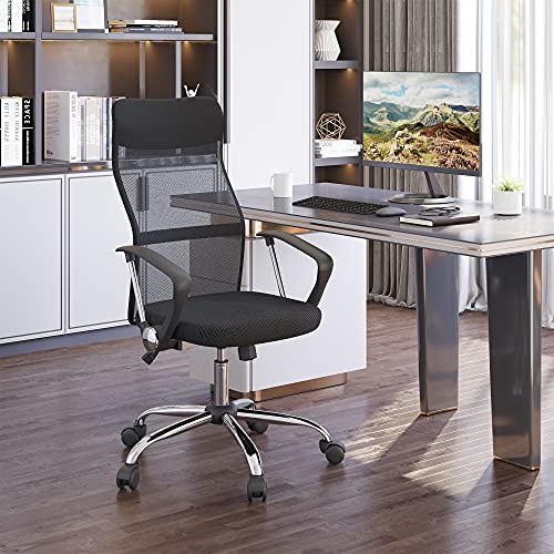 HOMCOM Silla de Oficina Giratoria Ergonómica Sillón de Escritorio de Malla con Ruedas de PVC Respaldo Alto Carga 120kg Negro