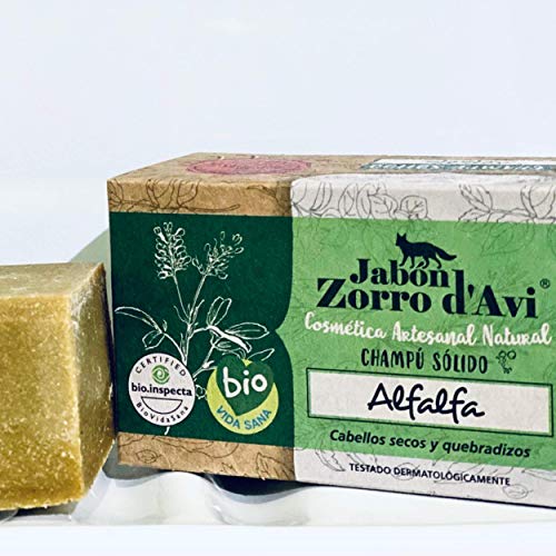 Jabón Zorro D’Avi | Champú Sólido de Alfalfa | 120 gr | Pelo frágil y dañado | Champú Sólido Zero Waste | Cierra puntas abiertas | Fabricado en España