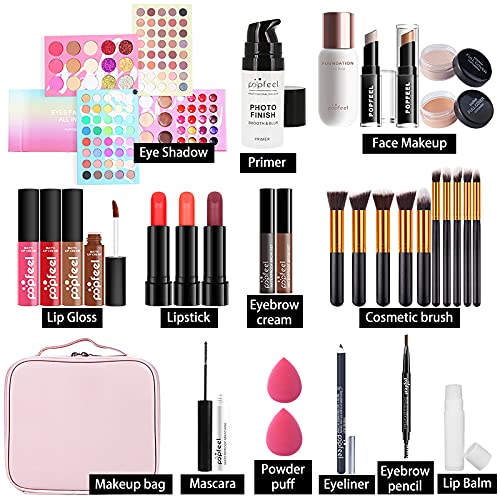 JasCherry Juego de maquillaje para Mujer, 33 Piezas Set de Maquillaje Profesional con Bolsa de Viaje Rosa Portátil -Kit de Cosméticos Todo en Uno Completo Con Sombras de ojos Lápiz Labial Ocultador