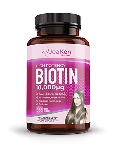 JeaKen - TABLETAS DE BIOTINA 10,000mcg - Piel - Vitaminas para el cabello y las uñas - Apoya el crecimiento normal de la piel y el cabello para hombres y mujeres - 365 tabletas de biotina vegana