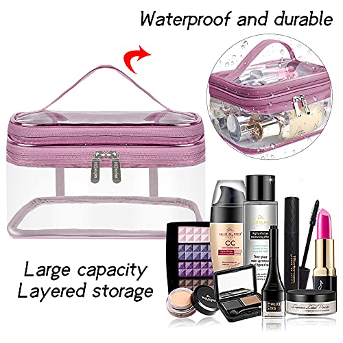 Jinlaili Neceser Maquillaje Transparente, 2 Capas Bolsa de Aseo Impermeable, Neceser Viaje para Maquillaje, Bolsa Cosméticos Portátil, Grande Organizador Maquillaje Neceser para Mujer Hombre (Rosa)