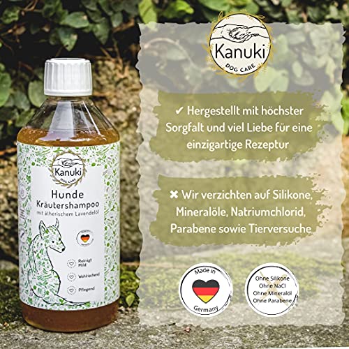 Kanuki Champú nutritivo para perros con extractos naturales de hierbas, 500 ml, con aceite esencial de lavanda, pH 7,5, limpieza suave para todo tipo de pelos, sin siliconas, parabenos ni perfume.