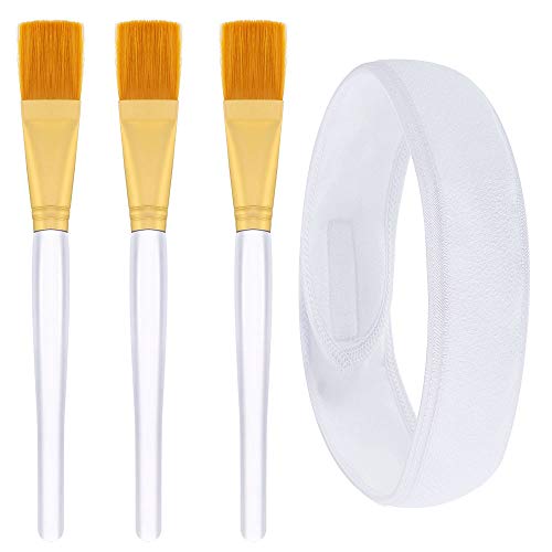 KBNIAN Cepillos de Mascarilla, Kit de 1 Diadema para Maquillaje Blanca + 3 Brocha Mascarilla Facial con Mango de Plástico Transparente, Banda para Maquillaje, Herramientas para Lavado y Mascarilla DIY