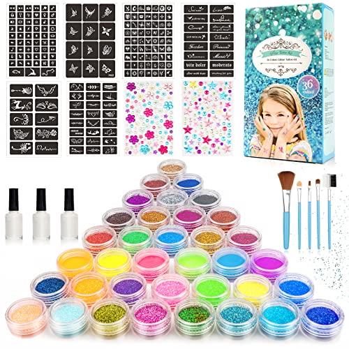 Kit de Tatuajes Purpurina Temporales, 36 Colores Brillo con 182 Plantillas, 215 Gemas para Niños, Niña, Adulto -No Tóxico Tatuaje de Maquillaje Cara y Cuerpo para Fiestas, Cumpleaños, Carnaval, Pascua