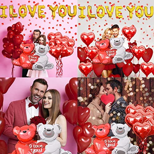 Kit Romántico Globos Corazon Con Pétalos de Rosa Artificiales Y Lámina Oso Gigante XXL, Globos helio rojos para Aniversario pareja, Día La Madre, Valentín, te quiero, Boda decoracion y Compromiso