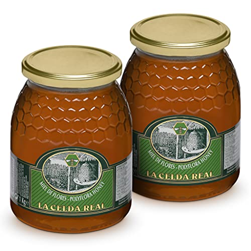 La Celda Real - Miel de Flores - 2 Tarros de Cristal de 1Kg - Pasteurizada en España - Miel de Abeja con Aromas y Notas Florales y Afrutada - Natural Honey - Miel de Mil Flores - Poliflora