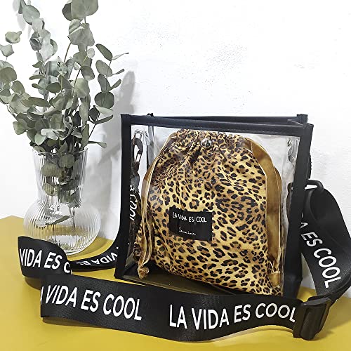 La Vida es Cool Bolso mujer PVC Transparente Bandolera Tote 2 in 1 Bolsa de tela Correa ajustable Bolso cruzado Bolso con cierre de click Estampado leopardo SWEET BAG.