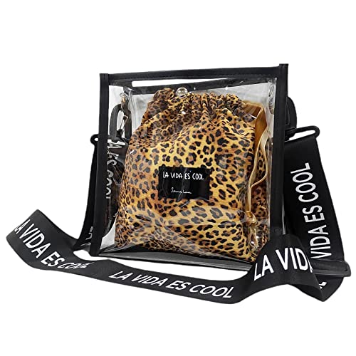 La Vida es Cool Bolso mujer PVC Transparente Bandolera Tote 2 in 1 Bolsa de tela Correa ajustable Bolso cruzado Bolso con cierre de click Estampado leopardo SWEET BAG.