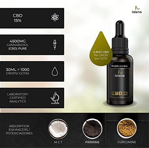 LALANA CBD Oil - Auténtico Aceite CBD 15% | 30ml | 4500 mg CBD puro | Fórmula mejorada - Base de Aceite MCT (coco), curcumina y piperina | 0% THC