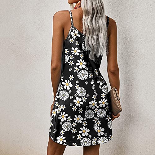 Laoluo - Vestido sin mangas para mujer, diseño floral con tirantes para verano, bohemio, elegante, mini vestido de playa con botones en la parte delantera amplia estampada de girasol 2021 1 negro. L