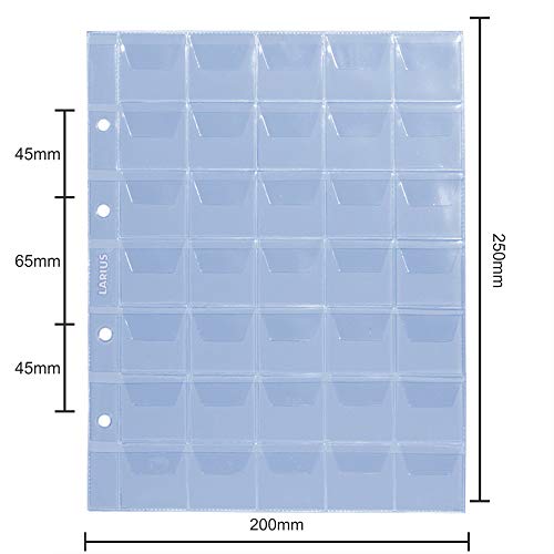 Larius Hojas para Monedas, Diferentes tamaños, Fundas para Monedas conmemorativas, Monedas de 2 Euro, Formato Optima. (5 Hojas, 35 Piezas hasta Ø35mm)