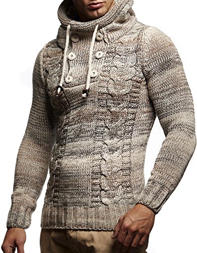 Leif Nelson Los Hombres del Jersey de Punto suéter Encapuchado LN-20227 Beige X-Large