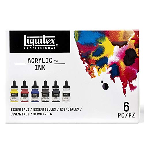 Liquitex Ink Pack de 6 tintas acrílicas extrafinas, Essentials Set, 30 ml + Tinta Acrílica Ink Profesional Frasco 30 ml, Oro Iridiscente, Dorado