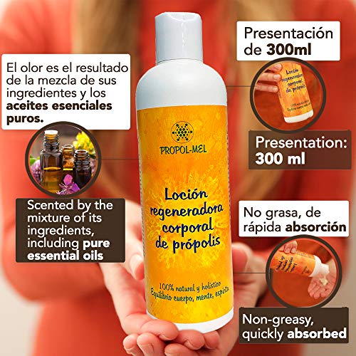 Locion corporal 100% natural - 300 ml - Certificación BIO. Crema reafirmante, regeneradora e hidratante con propoleo, karite, rosa mosqueta, cáñamo y aceites esenciales aromaterapeuticos.