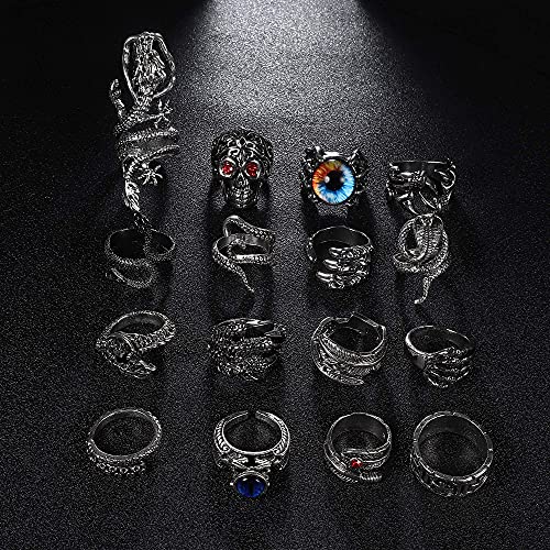 LOLIAS 16 Piezas Vintage Punk Anillos Set Octopus Frog Tiger Dragon Skull Snake Hug Punk Anillo para Hombres Mujeres Paquete de Anillos Abiertos Ajustables Cool Gothic Anillo Regalo de Joyería