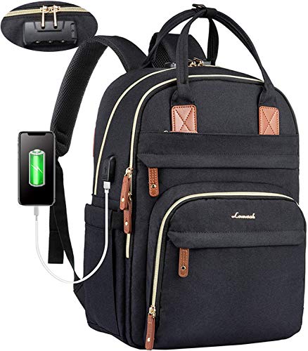 LOVEVOOK Mochila Mujer Antirrobo con Candado Codificado, 15,6 Pulgadas Mochila Portatil,Mochila Mujer Grande con Puerto de Carga USB,Mochila Para Universidad Viajes Trabajo Negocios Profesora, Negro