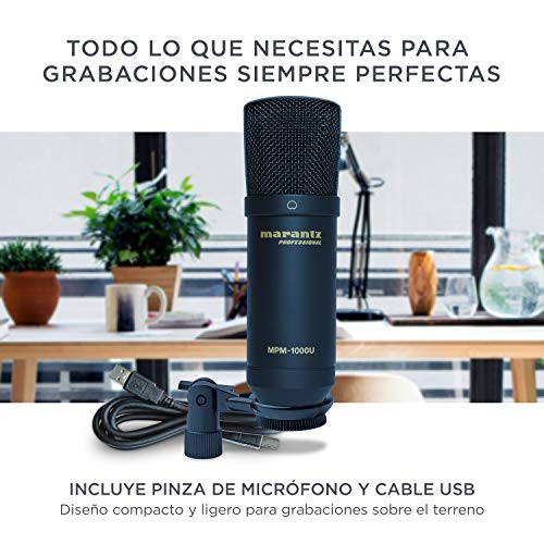 Marantz Professional MPM-1000U - Micrófono de Condensador USB con Tarjeta de Sonido incorporada para Grabar, emitir pódcasts, Hacer Streaming y retransmitir Videojuegos, Negro