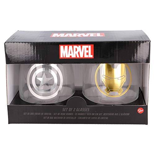 Marvel Los Vengadores - Avengers | Juego De Vasos De Agua- Vaso Set 2 Piezas De Cristal - Vaso Clásico Con Grabado Para Licores, Cócteles Y Zumo - 510 Ml