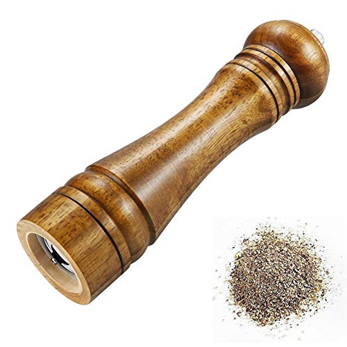 Molinillo de pimienta, molino de sal molino de especias manual de madera con fuerte amoladora de cerámica ajustable, 8 pulgadas