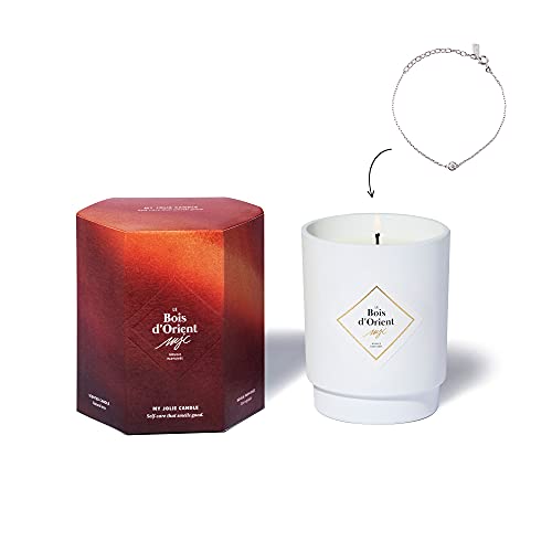 MY JOLIE CANDLE | Vela Perfumada Ámbar (El Bosque de Oriente) con joya en su interior | Pulsera Plateada | 50h de combustión | Cera vegetal 100% natural | 250g