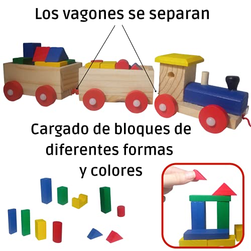 N Naturly Tren de Madera Juguetes para Niños/as | Ferrocarril con 2 Vagones Desmontables y 12 Bloques de Formas y Colores Diversas para Jugar. Juguete Educativo Infantil