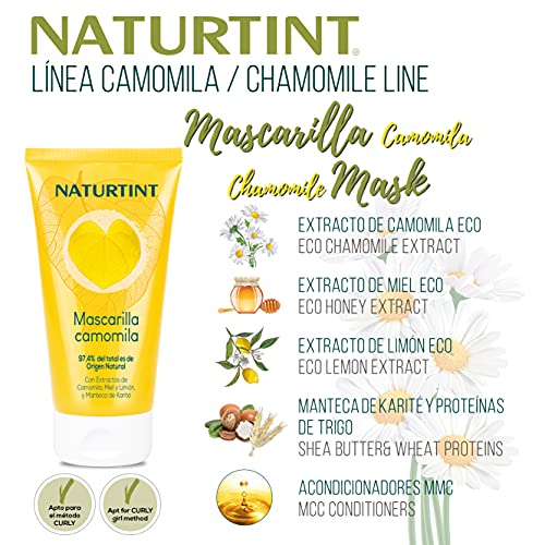 Naturtint Mascarilla Camomila. Hidratación y Brillo. Intensos Reflejos Dorados. 97,4% Ingredientes Naturales. Camomila, Miel y Limón. 150ml