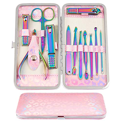 NICENEEDED 12 pieza, Cortaúñas Arcoíris, Kit de Cuidado de Pedicura Y Manicura, Juego de Manicura Arcoíris Profesional con Estuche de Lujo para Hombres, Mujeres, Herramientas de Decoración de Uñas