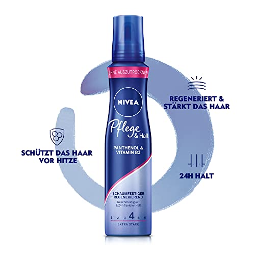 NIVEA Espuma de cuidado y fijación extra fuerte (150 ml), con pantenol y vitamina B3, espuma voluminizadora para peinados flexibles con duración 24 horas.