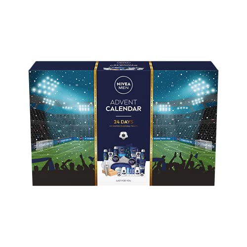 Nivea Men - Conjunto de regalos del calendario de Adviento 2021 para hombres con 24 productos Nivea Men, kit de aseo navideño, juego de regalo temático de fútbol con artículos de baño para hombres