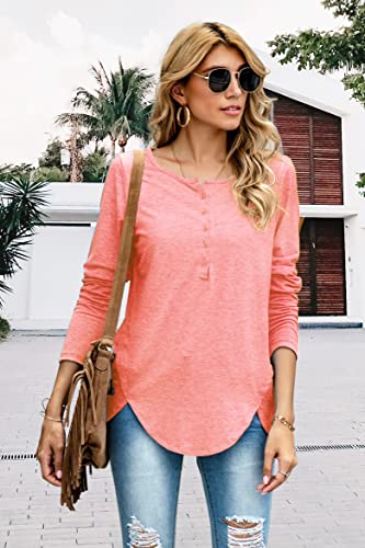 NONSAR Camiseta de manga larga para mujer, estilo informal elegante, para el tiempo libre, con botones, Rosa., M