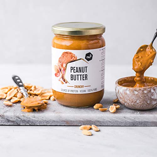 nu3 Mantequilla de cacahuete crujiente - Peanut butter crunchy vegetariana sin azúcar - 500 g de crema de cacahuete pura - 100% maní fresco sin sal o aceite de palma - 28% de proteína vegana