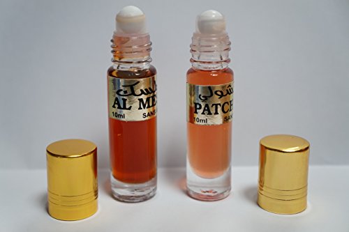 Pack 2 botellas de cristal 10 ml/u : 1 Musk + 1 pachuli, aceite perfume roll on sin alcohol