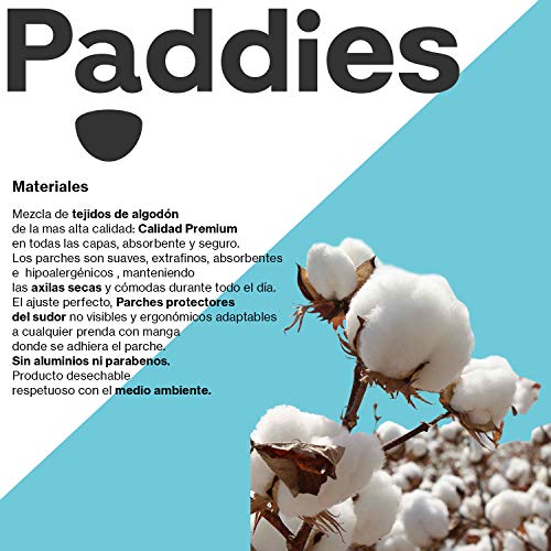 PADDIES Parches protectores contra el sudor · Parches Anti-sudor · Parches para axilas · Máximo confort · Protección 12 h · Protege tus prendas · Talla M 28 Paddies