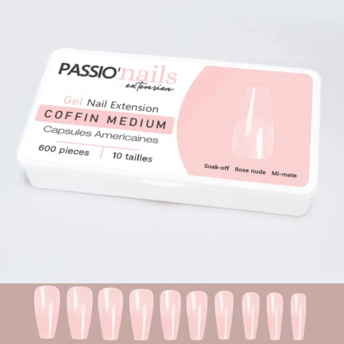 Passio'Nails Colocación americana Caja 600 cápsulas de gel rosa nude mediana tamaño para protesta onguar, principiante, uñas en casa, salones de manicura y mujeres