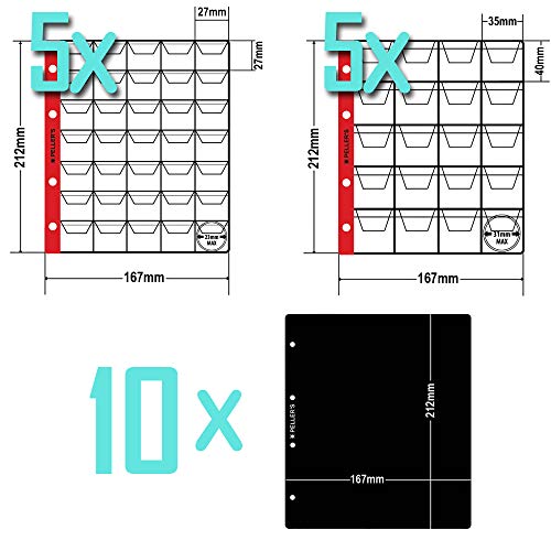 PELLER'S Álbum de Monedas para 275 Monedas (Tipo M Álbum). 5+5 Hojas con 100 Compartimentos 35x40mm y 175 Compartimentos 27x27mm. Ideal para Monedas de Euro y Otros. (Modelo M)